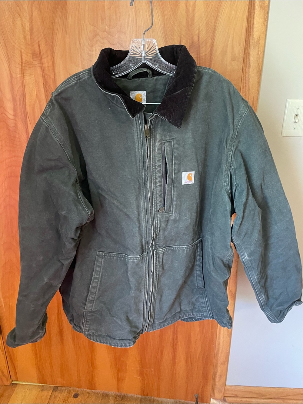 Carhartt Forest Green Duck Jacket with Black Corduroy Collar